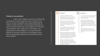 Clientes e consumidores
Para o Itaú Unibanco, pensar no cliente não
é suficiente. É preciso pensar como o cliente. Esse
foco é um pilar da gestão e de responsabilidade de
todas as áreas do banco, e não apenas daquelas em
que há contato direto com esse público. Os clientes e
consumidores são a razão de ser. Identificar suas
expectativas e necessidades e, num permanente
esforço de sintonia, aprimorar as atividades são as
formas apropriadas de atuar no mercado bancário.
Assim sendo:
 