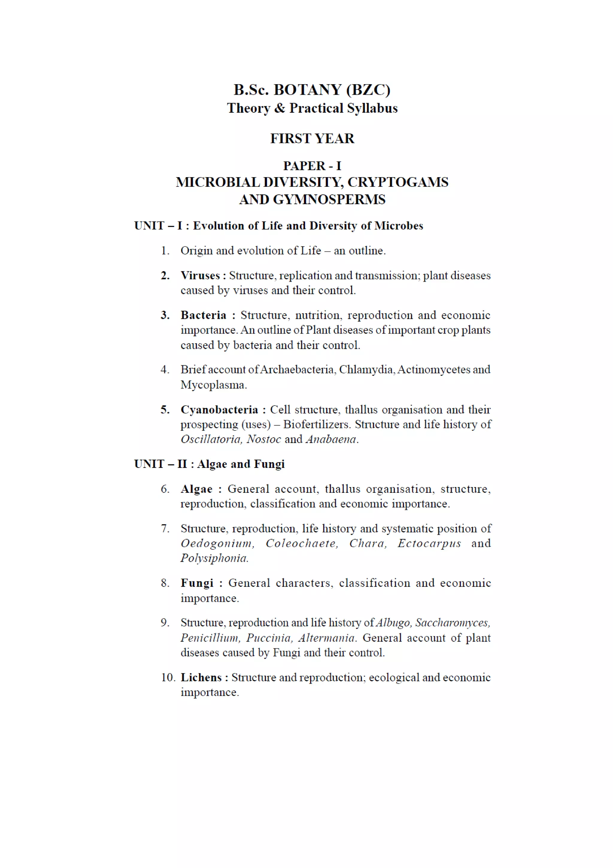 B sc Botany Syllabus KU