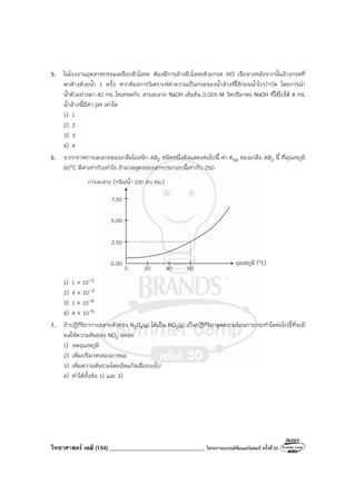 วิทยาศาสตร์ เคมี (154) __________________________________ โครงการแบรนด์ซัมเมอร์แคมป์ ครั้งที่30
5. ในโรงงานอุตสาหกรรมเคลือบผิวโลหะ ต้องมีการล้างผิวโลหะด้วยกรด HCl เจือจางหลังจากนั้นล้างกรดที่
ตกค้างด้วยน้ํา 1 ครั้ง หากต้องการวิเคราะห์ค่าความเป็นกรดของน้ําล้างที่ใช้ก่อนน้ําไปบําบัด โดยการนํา
น้ําตัวอย่างมา 40 mL ไทเทรตกับ สารละลาย NaOH เข้มข้น 0.005 M วัดปริมาตร NaOH ที่ใช้ไปได้ 8 mL
น้ําล้างนี้มีค่า pH เท่าใด
1) 1
2) 2
3) 3
4) 4
6. จากกราฟการละลายของเกลือไออนิก AB2 ชนิดหนึ่งดังแสดงต่อไปนี้ ค่า Ksp ของเกลือ AB2 นี้ ที่อุณหภูมิ
60°C มีค่าเท่ากับเท่าไร ถ้ามวลสูตรของสารประกอบนี้เท่ากับ 250
การละลาย (กรัม/น้ํา 100 ลบ.ซม.)
อุณหภูมิ (°C)
0.00
0 20 40 60
2.50
5.00
7.50
1) 1 × 10-3
2) 4 × 10-3
3) 1 × 10-6
4) 4 × 10-6
7. ถ้าปฏิกิริยาการสลายตัวของ N2O4(g) ได้เป็น NO2(g) เป็นปฏิกิริยาดูดความร้อนการกระทําใดต่อไปนี้ที่จะมี
ผลให้ความดันของ NO2 ลดลง
1) ลดอุณหภูมิ
2) เพิ่มปริมาตรของภาชนะ
3) เพิ่มความดันรวมโดยอัดแก๊สเฉื่อยลงไป
4) ทําได้ทั้งข้อ 1) และ 3)
 