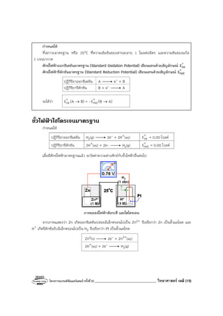 โครงการแบรนด์ซัมเมอร์แคมป์ ครั้งที่30 ___________________________________ วิทยาศาสตร์ เคมี (19)
กําหนดให้
ที่สภาวะมาตรฐาน หรือ 25°C ที่ความเข้มข้นของสารละลาย 1 โมลต่อลิตร และความดันของแก๊ส
1 บรรยากาศ
ศักย์ไฟฟ้าออกซิเดชันมาตรฐาน (Standard Oxidation Potential) เขียนแทนด้วยสัญลักษณ์ o
ox
E
ศักย์ไฟฟ้ารีดักชันมาตรฐาน (Standard Reduction Potential) เขียนแทนด้วยสัญลักษณ์ o
red
E
ปฏิกิริยาออกซิเดชัน A e- + B
ปฏิกิริยารีดักชัน B + e- A
จะได้ว่า o
ox
E (A → B) = - o
red
E (B → A)
ขั้วไฟฟาไฮโดรเจนมาตรฐาน
กําหนดให้
ปฏิกิริยาออกซิเดชัน H2(g) 2e- + 2H+(aq)
o
ox
E = 0.00 โวลต์
ปฏิกิริยารีดักชัน 2H+(aq) + 2e- H2(g)
o
red
E = 0.00 โวลต์
เมื่อมีศักย์ไฟฟ้ามาตรฐานแล้ว จะวัดค่าความต่างศักย์กับขั้วไฟฟ้าอื่นต่อไป
ภาพเซลล์ไฟฟ้าสังกะสี และไฮโดรเจน
จากภาพแสดงว่า Zn เกิดออกซิเดชันปล่อยอิเล็กตรอนไปเป็น Zn2+ จึงเรียกว่า Zn เป็นขั้วแอโนด และ
H+ เกิดรีดักชันรับอิเล็กตรอนไปเป็น H2 จึงเรียกว่า Pt เป็นขั้วแคโทด
Zn0(s) 2e- + Zn2+(aq)
2H+(aq) + 2e- H2(g)
 