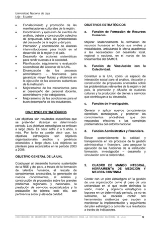 Universidad Nacional de Loja
Loja - Ecuador

metodológicos del SAMOT,
idioma; y, manejo de las TIC´s.

de

otro

D.3 Facilitará las pasantías de docentes y
estudiantes
a
nivel
nacional
e
internacional.
D.4 Facilitará la movilidad de docentes y
estudiantes
a
nivel
nacional
e
internacional.
D.5 Fortalecerá la Modalidad de Estudios a
Distancia.
D.6 Consolidará
las
extensiones
universitarias, en correspondencia con las
necesidades específicas locales.
D.7 Fortalecerá el desarrollo de programas de
educación continua.
D.8 Impulsará la evaluación sistemática en
los procesos de formación y ejercicio
docente y el seguimiento a egresados.
I.1 Fortalecerá el desarrollo integral de la
investigación científica y tecnológica,
organizada en líneas de investigación,
programas y proyectos, potenciando la
formación profesional y de postgrado.
I.2 Impulsará la elaboración, ejecución y
evaluación de proyectos de investigación
en las diferentes áreas del conocimiento,
en el marco de las líneas de investigación
institucionales, priorizando aquellos que
tengan pertinencia con problemáticas
relevantes de la Región Sur del Ecuador;
y aporten al desarrollo de las actividades
de formación profesional y de postgrado.
I.3 Promoverá la formación y actualización
de investigadores especializados en los
distintos campos del conocimiento,
principalmente a nivel de doctorado.
I.4 Promoverá la conformación de redes de
investigación científica y tecnológica; el
acceso a las redes de información
científica y tecnológica en los diferentes
ámbitos; el mejoramiento de las
habilidades de los investigadores para
utilizar las redes de información y los
programas informáticos.

I.5 Optimizará
la
utilización
de
la
infraestructura tecnológica y física
adecuada para el desarrollo de la
investigación.
I.6 Difundirá oportunamente los resultados
de la investigación y promoverá su
utilización en los sectores sociales
correspondientes, en coordinación con la
Comisión de Vinculación con la
Colectividad.
V.1 Fortalecerá la gestión de la vinculación
con la colectividad, facilitando la
incorporación de esta función en el
quehacer institucional.
V.2 Consolidará la prestación de servicios
especializados, en el marco del
fortalecimiento
de
las
funciones
institucionales.
V.3 Propiciará el análisis permanente sobre
las problemáticas locales, regionales,
nacionales e internacionales, generando
pensamiento
y
opinión
con
la
participación de actores internos y
externos.
V.4 Fomentará la interculturalidad, los
saberes ancestrales; la promoción,
difusión y desarrollo de las diversas
expresiones
populares:
artísticas,
deportivas y de recreación.
G.1 Desarrollará y consolidará procesos
administrativos,
financieros
y
presupuestarios
ágiles,
tecnificados,
transparentes,
incluyentes
y
estandarizados,
que
permitan
el
desarrollo integral y armónico de la
Institución en el cumplimiento de las
funciones sustantivas.
G.2 Desarrollará una planificación integral de
la infraestructura física, que contribuya al
desempeño académico-administrativo y
bienestar de la comunidad universitaria.
G.3 Elevará los niveles de bienestar integral
de los miembros de la comunidad
universitaria.
G.4 Fortalecerá
las
relaciones
interinstitucionales,
nacionales
e

BALANCED SCORECARD (BSC) O CUADRO DE MANDO INTEGRAL (CMI) PARA LA UNIVERSIDAD NACIONAL DE LOJA

6

 