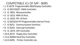 COMPETABLE ICs OF MP - 8085
• 1. IC-8279 Programmable KBD/Display Controller.
• 2. IC-8257/8237 DMA Controller.
• 3. IC- 8051 Microcontroller.
• 4. IC- 8212 NPPI IO Port.
• 5. IC- 8255 PPI IO Port.
• 6. IC-8253/54 PIT-Programmable Interval Timer.
• 7. IC-8251 Communication Interface.
• 8. IC-8259 Interrupt Controller.
• 9. IC- 8275 CRT Controller.
• 10.IC-8272 Floppy Disc Controller.
• 11.IC-82064 Hard Disc Controller.
• 12.IC-8295 Printer Controller etc.
 