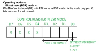Operating modes –
1.Bit set reset (BSR) mode –
If MSB of control word (D7) is 0, PPI works in BSR mode. In this mode only port C
bits are used for set or reset.
 