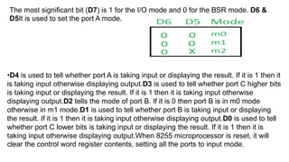 The most significant bit (D7) is 1 for the I/O mode and 0 for the BSR mode. D6 &
D5It is used to set the port A mode.
•D4 is used to tell whether port A is taking input or displaying the result. If it is 1 then it
is taking input otherwise displaying output.D3 is used to tell whether port C higher bits
is taking input or displaying the result. If it is 1 then it is taking input otherwise
displaying output.D2 tells the mode of port B. If it is 0 then port B is in m0 mode
otherwise in m1 mode.D1 is used to tell whether port B is taking input or displaying
the result. If it is 1 then it is taking input otherwise displaying output.D0 is used to tell
whether port C lower bits is taking input or displaying the result. If it is 1 then it is
taking input otherwise displaying output.When 8255 microprocessor is reset, it will
clear the control word register contents, setting all the ports to input mode.
 