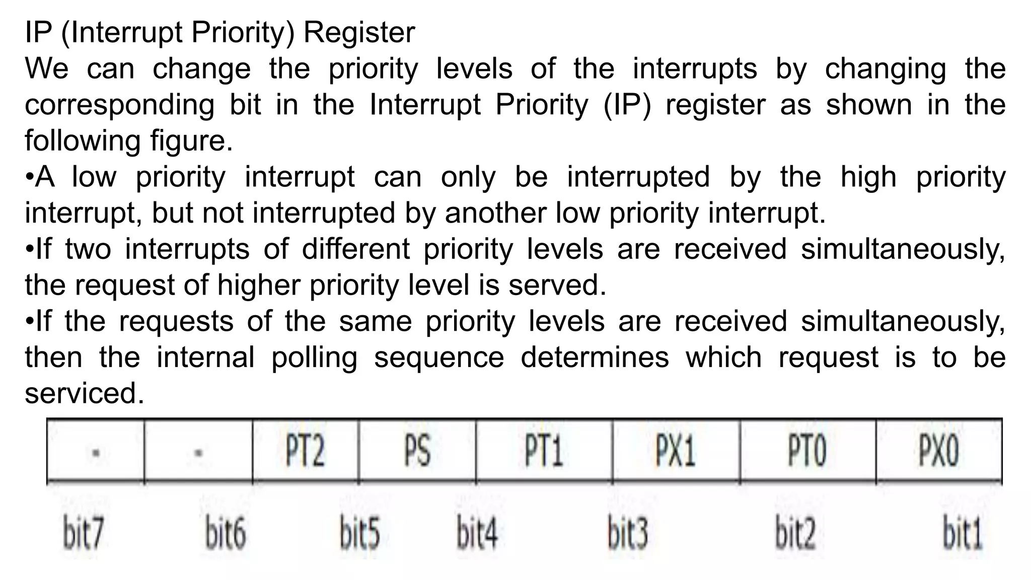 IP (Interrupt Priority) Register
We can change the priority levels of the interrupts by changing the
corresponding bit in the Interrupt Priority (IP) register as shown in the
following figure.
•A low priority interrupt can only be interrupted by the high priority
interrupt, but not interrupted by another low priority interrupt.
•If two interrupts of different priority levels are received simultaneously,
the request of higher priority level is served.
•If the requests of the same priority levels are received simultaneously,
then the internal polling sequence determines which request is to be
serviced.
 
