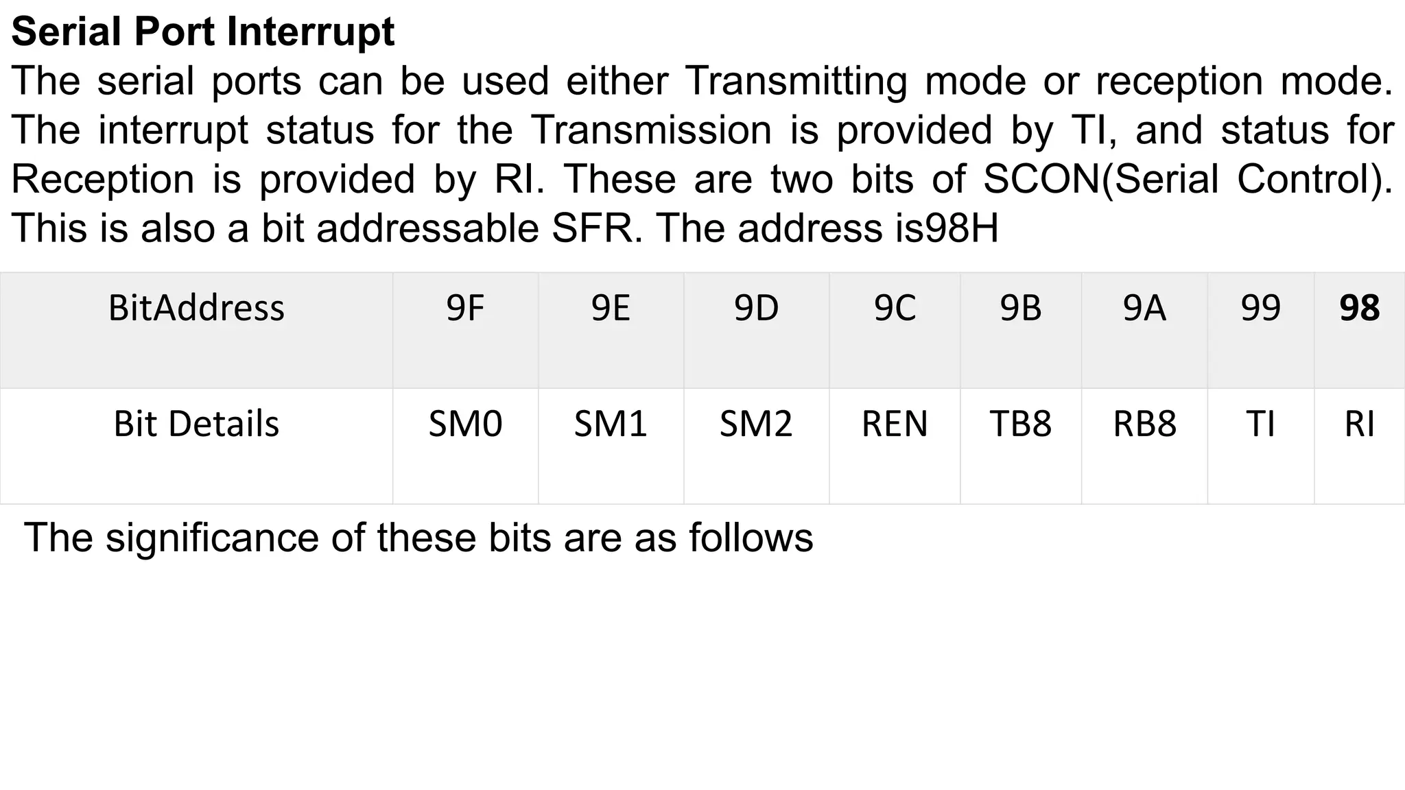 Serial Port Interrupt
The serial ports can be used either Transmitting mode or reception mode.
The interrupt status for the Transmission is provided by TI, and status for
Reception is provided by RI. These are two bits of SCON(Serial Control).
This is also a bit addressable SFR. The address is98H
BitAddress 9F 9E 9D 9C 9B 9A 99 98
Bit Details SM0 SM1 SM2 REN TB8 RB8 TI RI
The significance of these bits are as follows
 