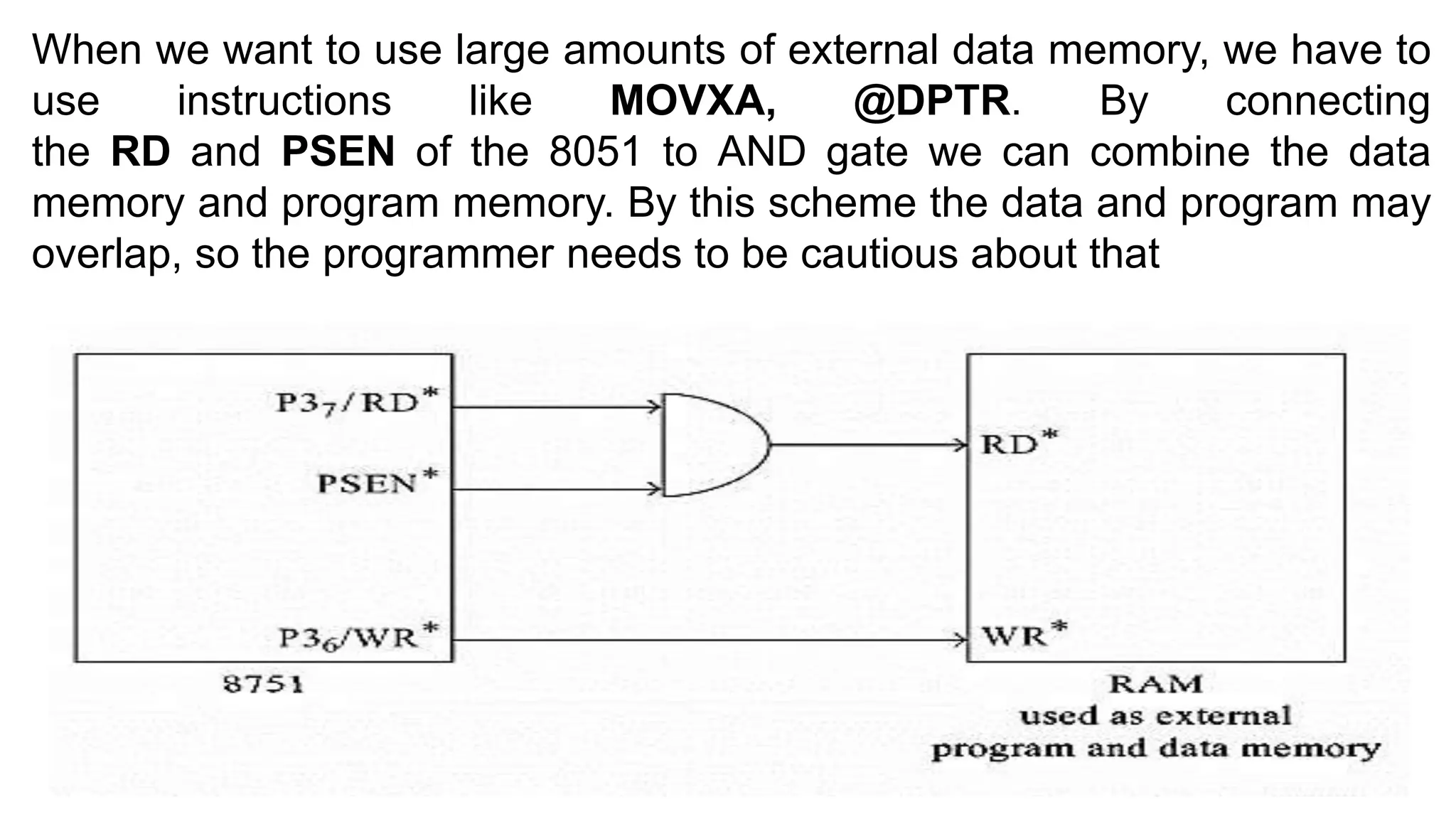 When we want to use large amounts of external data memory, we have to
use instructions like MOVXA, @DPTR. By connecting
the RD and PSEN of the 8051 to AND gate we can combine the data
memory and program memory. By this scheme the data and program may
overlap, so the programmer needs to be cautious about that
 