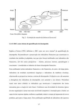 Amplo

Intelectual
Modelo integrado de
gestão estratégica
Sistema de gestão
estratégica

Escopo
do BSC

Capital

Instrumento para
implementação da
estratégia
Sistema de
quantificação
do desempenho

Restrito

Físico
1990

1992 1993

1996

2000

2004

Fonte: Filho (2005). Adaptado.

Fig. 2 – Evolução do conceito do Balanced Scorecard

2.1.5.1 BSC como sistema de quantificação do desempenho

Kaplan et Norton (1992) definiram o BSC como um novo sistema 6 de quantificação do
desempenho. Recomendavam a preservação dos indicadores financeiros que resumissem os
resultados das medidas já adoptadas, mas que estes fossem combinados com indicadores não
financeiros, sob três outras perspectivas – clientes, processos internos, aprendizagem e
crescimento – consideradas os indutores do futuro desempenho financeiro.
Esta combinação incluía indicadores financeiros e não financeiros, de curto e de longo prazo,
indicadores de resultado (ocorrência) (lagging) e indicadores de tendência (leading),
relaciona ndo as perspectivas interna e externa do desempenho. O objectivo era o de aumentar
a abrangência dos indicadores do desempenho, sem aumentar o seu número. Pretendiam
reunir num único relatório os indicadores que mostravam o cumprimento das metas
necessárias para a criação de valor futuro. Combinava uma diversidade de elementos típicos
de uma organização a actuar num meio envolvente competitivo: orientação para o cliente; ser
capaz de dar respostas rápidas; melhorar a qualidade; reduzir o tempo de lançamento de novos
produtos; gerir para o longo prazo. Esta combinação equilibrada de indicadores não ignorava

17

 
