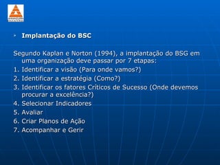    Implantação do BSC

Segundo Kaplan e Norton (1994), a implantação do BSG em
   uma organização deve passar por 7 etapas:
1. Identificar a visão (Para onde vamos?)
2. Identificar a estratégia (Como?)
3. Identificar os fatores Críticos de Sucesso (Onde devemos
   procurar a excelência?)
4. Selecionar Indicadores
5. Avaliar
6. Criar Planos de Ação
7. Acompanhar e Gerir
 
