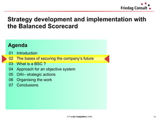 Strategy development and implementation with the Balanced Scorecard © Friedag / Lewandowska 2008 01 Introduction  02 The bases of securing the company’s future 03 What is a BSC ?  04  Approach for an objective system  05 OAI– strategic actions  06 Organising the work 07 Conclusions  Agenda © Friedag 2011 