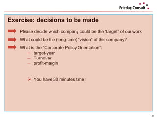 Exercise:  decisions to be made Please decide which company could be the “target” of our work What could be the (long-time) “vision” of this company? What is the “Corporate Policy Orientation”: target-year Turnover profit-margin You have 30 minutes time ! 