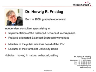 independent consultant specialising in: Implementation of the Balanced Scorecard in companies Practice-orientated Balanced Scorecard workshops Member of the public relations board of the ICV Lecturer at the Humboldt University Berlin Hobbies:  moving in nature, volleyball, sailing Dr. Herwig R. Friedag © Friedag 2011 Dr. Herwig R. Friedag   Friedag Consult Beskidenstr. 33, D 14129 Berlin  Fon  +49  30  80 40 40 00 Fax  +49  30  80 40 40 01 [email_address] www.friedag.com Born in 1950, graduate economist 