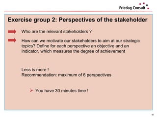 Exercise group 2:  Perspectives of the stakeholder   Who are the relevant stakeholders ? How can we motivate our stakeholders to aim at our strategic topics? Define for each perspective an objective and an indicator, which measures the degree of achievement  Less is more ! Recommendation: maximum of 6 perspectives You have 30 minutes time ! 