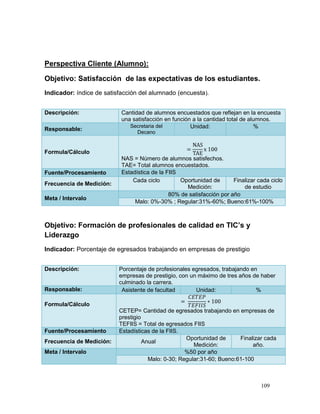 Perspectiva Cliente (Alumno):

Objetivo: Satisfacción de las expectativas de los estudiantes.
Indicador: índice de satisfacción del alumnado (encuesta).


Descripción:               Cantidad de alumnos encuestados que reflejan en la encuesta
                           una satisfacción en función a la cantidad total de alumnos.
                              Secretaria del          Unidad:                    %
Responsable:
                                 Decano


Formula/Cálculo
                           NAS = Número de alumnos satisfechos.
                           TAE= Total alumnos encuestados.
Fuente/Procesamiento       Estadística de la FIIS
                               Cada ciclo         Oportunidad de       Finalizar cada ciclo
Frecuencia de Medición:
                                                    Medición:              de estudio
                                              80% de satisfacción por año
Meta / Intervalo
                                Malo: 0%-30% ; Regular:31%-60%; Bueno:61%-100%



Objetivo: Formación de profesionales de calidad en TIC’s y
Liderazgo
Indicador: Porcentaje de egresados trabajando en empresas de prestigio


Descripción:              Porcentaje de profesionales egresados, trabajando en
                          empresas de prestigio, con un máximo de tres años de haber
                          culminado la carrera.
Responsable:               Asistente de facultad       Unidad:                %

Formula/Cálculo
                          CETEP= Cantidad de egresados trabajando en empresas de
                          prestigio
                          TEFIIS = Total de egresados FIIS
Fuente/Procesamiento      Estadísticas de la FIIS.
                                                    Oportunidad de      Finalizar cada
Frecuencia de Medición:             Anual
                                                       Medición:             año.
Meta / Intervalo                                    %50 por año
                                      Malo: 0-30; Regular:31-60; Bueno:61-100



                                                                                  109
 