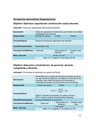 Perspectiva Aprendizaje Organizacional:

Objetivo: Optimizar capacitación continúa del cuerpo docente.
Indicador: Horas de capacitación del personal docente.

Descripción:              Horas de capacitación del docente, para brindar una calidad
                          pedagógica a los alumnos.
Responsable:              Director de carrera     Unidad:             Tiempo

Formula/Cálculo           Número de Horas de capacitación del docente.


Fuente/Procesamiento      Estadísticas FIIS.

Frecuencia de Medición:   Cada año                  Oportunidad de       Finalizar cada
                                                    Medición:            año.
Meta / Intervalo                                  24 hrs. por año
                                     Malo: 0-12 ; Regular:13-22; Bueno:23-30



Objetivo: Selección y Contratación de personal docente
competente y eficiente.
Indicador: Porcentaje de docentes con grado de Doctor.

                          Porcentaje de la cantidad de docentes con grado de doctor
                          con que cuenta la institución, en relación con el total de sus
Descripción:              docentes, para medir la proporción de docentes en
                          capacidad de aportar a la producción de conocimientos.
Responsable:                Director de carrera          Unidad:                %



Formula/Cálculo
                          NDGD = Número de docentes con grado de Doctor.
                          NTD = Número total de docentes de la institución.
Fuente/Procesamiento      Evaluar estadísticas de cada ciclo.
                                                    Oportunidad de     Finalizar cada
Frecuencia de Medición:        Cada ciclo
                                                       Medición:            ciclo.
                                                   %30 anual
Meta / Intervalo
                                   Malo: 0-10 ; Regular:11-30; Bueno:31-100


                                                                                    118
 