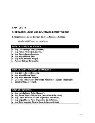 CAPITULO III

3. DESARROLLO DE LOS OBJETIVOS ESTRATÉGICOS

3.1Organización de los Equipos de Áreas/Procesos Críticos

      Miembros del Equipo por cada tema:

AREA DE GESTION ACADEMICA
   Ing. Luis Zuloaga Rotta (Decano).
   Ing. Reneé Rivera Crisóstomo.
   Ing. Carlos Ponce Sánchez.
   Ing. Miguel Ponte Roca.
   Ing. Julio Ismodes Alegría.
   Pamela Zúñiga Benavente.



AREA DE INVESTIGACION Y DESARROLLO
   Ing. Carlos Ponce Sánchez.
   Ing. Miguel Ponte Roca.
   Ing. Julio Ismodes Alegría.
   Docentes (De acuerdo al Periodo Académico, pueden encabezar o
   asesorar los proyectos).



AREA DE DOCENCIA
   Ing. Luis Zuloaga Rotta (Decano).
   Ing. Reneé Rivera Crisóstomo (Asistente de facultad).
   Ing. Carlos Ponce Sánchez (Ingeniería Industrial).
   Ing. Miguel Ponte Roca (Ingeniería de Sistemas).
   Ing. Julio Ismodes Alegría (Ingeniería económica).




                                                                   95
 
