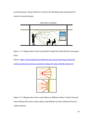 16
an enclosed space. Sound reflection is useful in the distribution and reinforcement of
sound in an enclosed space.
Figure 3.1.3: Diagram shows direct sound (black straight line) and reflected sound (green
lines)
(Source: https://continuingeducation.bnpmedia.com/courses/armstrong-commercial-
ceiling-systems/innovations-in-acoustical-ceilings-for-todays-flexible-interiors/5/)
Figure 3.1.4: Diagram shows how sound reflects on different surfaces. Sound is focused
when reflected off concave surface (above) and diffused out when reflected off convex
surface (bottom).
 