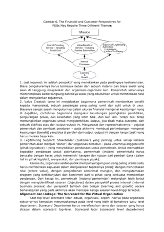 Gambar 6. The Financial and Customer Perspectives for
PSOs May Require Three Different Themes
1. cost incurred: ini adalah perspektif yang menekankan pada pentingnya keefesiensian.
Biaya pengukurannya harus termasuk beban dari sebuah instansi dan biaya sosial yang
akan di tanggung masyarakat dan organisasi-organisasi lain. Pemerintah seharusnya
meminimalisasi akibat langsung dan biaya sosial yang dibutuhkan untuk memberikan hasil
dalam menjalankan tujuannya.
2. Value Created: tema ini menjelaskan bagaimana pemerintah memberikan benefit
kepada masyarakat, sebuah pandangan yang paling rumit dan sulit untuk di ukur.
Biasanya sangat susah mengukurnya dalam ukuran finansial mengenai keuntungan yang
di dapatkan, contohnya bagaimana mengukur keuntungan peningkatan pendidikan,
pengurangan polusi, dan kesehatan yang lebih baik, dan lain lain. Tetapi BSC tetap
memungkinkan organisasi untuk mengidentifikasi output, jika tidak maka outcome, dari
sebuah aktifitas atau dari output-output ini. Masyarakat dan representativenya - pejabat
pemerintah dan pembuat peraturan – pada akhirnya membuat pertimbangan mengenai
keuntungan (benefit) yang bisa di peroleh dari output-output ini dengan harga (cost) yang
harus mereka bayarkan.
3. Legitimizing Support: Stakeholder (customer) yang penting untuk setiap instansi
pemerintah akan menjadi “donor”, dari organisasi tersebut – pada umumnya anggota DPR
(pihak legislative) – yang menyediakan pendanaan untuk pemerintah. Untuk memastikan
kepastian pendanaan untuk aktivitasnya, pemerintah (instansi pemerintah) harus
berusaha dengan keras untuk memenuhi harapan dan tujuan dari pemberi dana (dalam
hal ini pihak legislatif, masyarakat, dan pembayar pajak).
Karena itu, organisasi sektor-publik mempunya tiga tujuan yang paling utama yaitu
harus memberikan kapuasan dalam menjalankan tupoksinya (misi): dengan menciptakan
nilai (create value), dengan pengorbanan seminimal mungkin, dan mengutamakan
program yang berkelanjutan dan komitmen dari si pihak yang berkuasa memberikan
pendanaan. Dari ketiga ini, pemerintah (instansi pemerintah) melangkah lebih lanjut
dengan mengidentifikasi sasaran (objectives) dalam perspektif proses internal (internal
business process) dan perspektif tumbuh dan belajar (learning and growth) secara
berkelanjutan yang pada akhirnya akan mencapai ketiga sasaran level-tinggi tersebut.
Alignment dan Linkage: The Scorecard for the Virtual Organization
Saat top-level scorecard telah dibuat, organisasi, seperti halnya pada organisasi
sektor-privat kemudian merumuskannya pada level yang lebih di bawahnya yaitu level
departemen. Scorecard Departemen harus merefleksikan tema dan sasaran yang harus
dicapai dalam scorecard top-level. Scorecard local (scorecard level departemen)
 