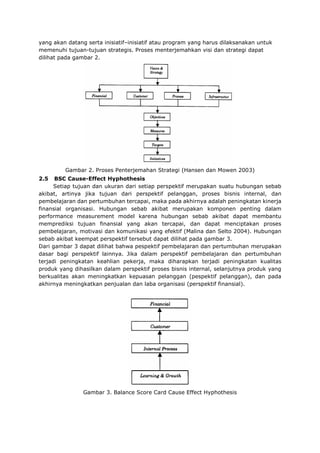 yang akan datang serta inisiatif–inisiatif atau program yang harus dilaksanakan untuk
memenuhi tujuan-tujuan strategis. Proses menterjemahkan visi dan strategi dapat
dilihat pada gambar 2.
Gambar 2. Proses Penterjemahan Strategi (Hansen dan Mowen 2003)
2.5 BSC Cause-Effect Hyphothesis
Setiap tujuan dan ukuran dari setiap perspektif merupakan suatu hubungan sebab
akibat, artinya jika tujuan dari perspektif pelanggan, proses bisnis internal, dan
pembelajaran dan pertumbuhan tercapai, maka pada akhirnya adalah peningkatan kinerja
finansial organisasi. Hubungan sebab akibat merupakan komponen penting dalam
performance measurement model karena hubungan sebab akibat dapat membantu
memprediksi tujuan finansial yang akan tercapai, dan dapat menciptakan proses
pembelajaran, motivasi dan komunikasi yang efektif (Malina dan Selto 2004). Hubungan
sebab akibat keempat perspektif tersebut dapat dilihat pada gambar 3.
Dari gambar 3 dapat dilihat bahwa pespektif pembelajaran dan pertumbuhan merupakan
dasar bagi perspektif lainnya. Jika dalam perspektif pembelajaran dan pertumbuhan
terjadi peningkatan keahlian pekerja, maka diharapkan terjadi peningkatan kualitas
produk yang dihasilkan dalam perspektif proses bisnis internal, selanjutnya produk yang
berkualitas akan meningkatkan kepuasan pelanggan (pespektif pelanggan), dan pada
akhirnya meningkatkan penjualan dan laba organisasi (perspektif finansial).
Gambar 3. Balance Score Card Cause Effect Hyphothesis
 