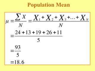 Population Mean
  
   

   


 X
N N
X X X XN
1 2 3
24 13 19 26 11
5
93
5
18 6
...
.
 