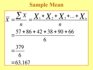 Sample Mean
X
X
n n
X X X Xn
 
   

    


 1 2 3
57 86 42 38 90 66
6
379
6
63 167
...
.
 