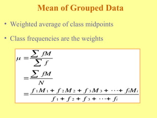 Mean of Grouped Data
• Weighted average of class midpoints
• Class frequencies are the weights
 


   



   






fM
f
fM
N
f M f M f M f M
f f f f
i i
i
1 1 2 2 3 3
1 2 3
 