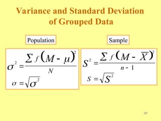 SP
Variance and Standard Deviation
of Grouped Data
 
2
2
2







 f
N
M
Population
 
2
2
2
1
S
M X
S
f
n
S





Sample
 