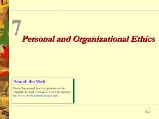 Personal and Organizational Ethics



Search the Web
Nortel has posted its ethics policies on the
Internet. To read it, navigate your web browser
to: http://www.nortelnetworks.com




                                                  7-1
                                                    1
 