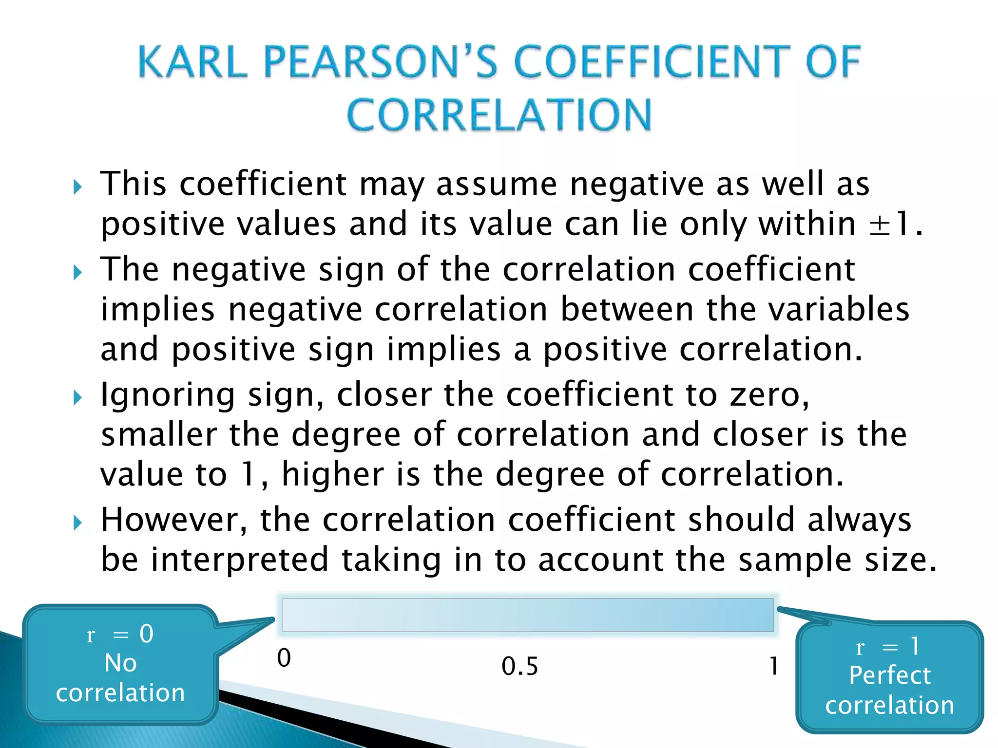  This coefficient may assume negative as well as
positive values and its value can lie only within ±1.
 The negative sign of the correlation coefficient
implies negative correlation between the variables
and positive sign implies a positive correlation.
 Ignoring sign, closer the coefficient to zero,
smaller the degree of correlation and closer is the
value to 1, higher is the degree of correlation.
 However, the correlation coefficient should always
be interpreted taking in to account the sample size.
0 1
r = 0
No
correlation
r = 1
Perfect
correlation
0.5
 