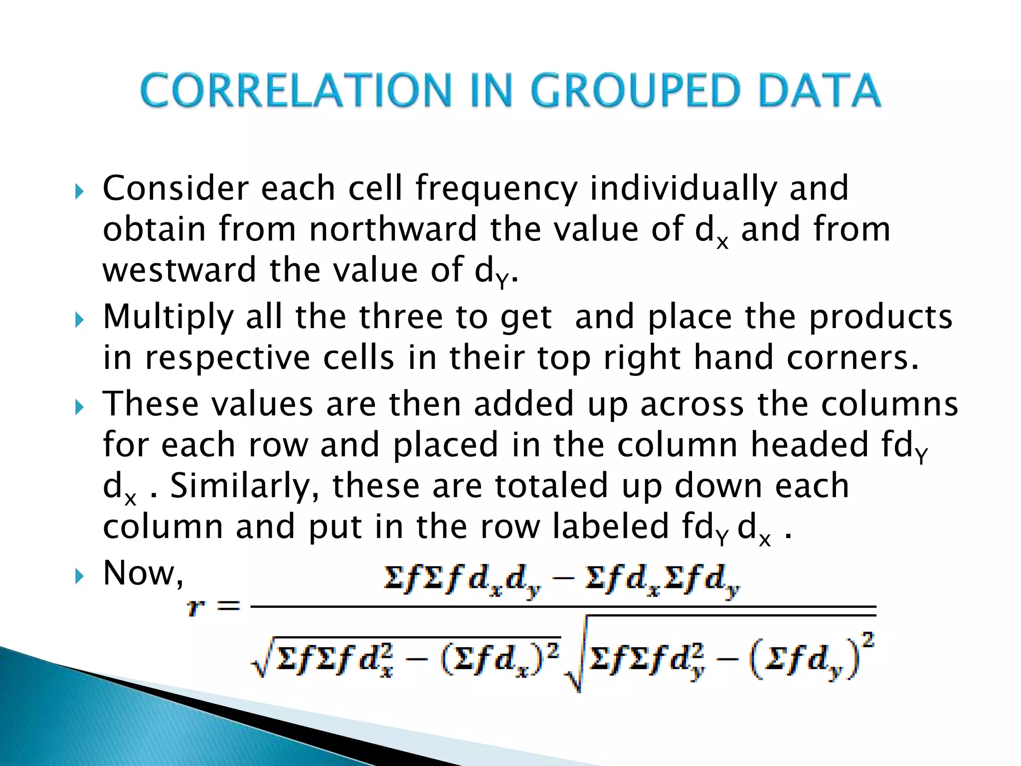 Consider each cell frequency individually and
obtain from northward the value of dx and from
westward the value of dY.
 Multiply all the three to get and place the products
in respective cells in their top right hand corners.
 These values are then added up across the columns
for each row and placed in the column headed fdY
dx . Similarly, these are totaled up down each
column and put in the row labeled fdY dx .
 Now,
 