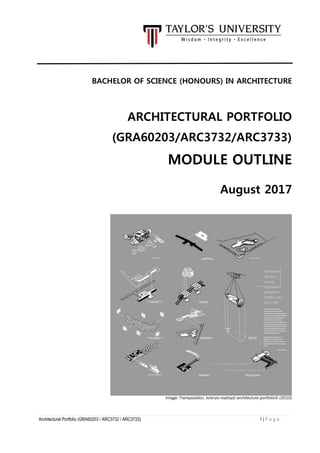 Architectural Portfolio (GRA60203 / ARC3732 / ARC3733) 1 | P a g e
BACHELOR OF SCIENCE (HONOURS) IN ARCHITECTURE
ARCHITECTURAL PORTFOLIO
(GRA60203/ARC3732/ARC3733)
MODULE OUTLINE
August 2017
Image: Transposition, lorenzo mattozzi architecture portfolio© (2010)
 