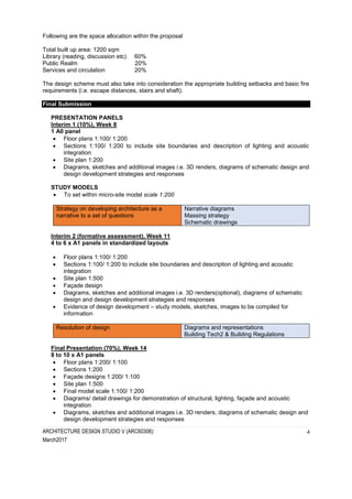 ARCHITECTURE DESIGN STUDIO V (ARC60306):
March2017
4
Following are the space allocation within the proposal
Total built up area: 1200 sqm
Library (reading, discussion etc) 60%
Public Realm 20%
Services and circulation 20%
The design scheme must also take into consideration the appropriate building setbacks and basic fire
requirements (i.e. escape distances, stairs and shaft).
Final Submission
PRESENTATION PANELS
Interim 1 (10%), Week 8
1 A0 panel
 Floor plans 1:100/ 1:200
 Sections 1:100/ 1:200 to include site boundaries and description of lighting and acoustic
integration
 Site plan 1:200
 Diagrams, sketches and additional images i.e. 3D renders, diagrams of schematic design and
design development strategies and responses
STUDY MODELS
 To set within micro-site model scale 1:200
Strategy on developing architecture as a
narrative to a set of questions
Narrative diagrams
Massing strategy
Schematic drawings
Interim 2 (formative assessment), Week 11
4 to 6 x A1 panels in standardized layouts
 Floor plans 1:100/ 1:200
 Sections 1:100/ 1:200 to include site boundaries and description of lighting and acoustic
integration
 Site plan 1:500
 Façade design
 Diagrams, sketches and additional images i.e. 3D renders(optional), diagrams of schematic
design and design development strategies and responses
 Evidence of design development – study models, sketches, images to be compiled for
information
Resolution of design Diagrams and representations
Building Tech2 & Building Regulations
Final Presentation (70%), Week 14
8 to 10 x A1 panels
 Floor plans 1:200/ 1:100
 Sections 1:200
 Façade designs 1:200/ 1:100
 Site plan 1:500
 Final model scale 1:100/ 1:200
 Diagrams/ detail drawings for demonstration of structural, lighting, façade and acoustic
integration
 Diagrams, sketches and additional images i.e. 3D renders, diagrams of schematic design and
design development strategies and responses
 