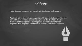 Myth-buster
Myth: B-school entrances are completely dominated by Engineers
Reality: It is true that a large proportion of B-school students and the top
percentilers of entrance exams are engineers. But B-schools do value
diversity and has separate weightage and lowered cutoffs for non-
engineers. Non engineers won't have to compete with fellow engineers.
 