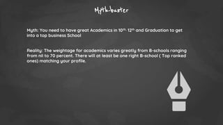Myth-buster
Myth: You need to have great Academics in 10th, 12th and Graduation to get
into a top business School
Reality: The weightage for academics varies greatly from B-schools ranging
from nil to 70 percent. There will at least be one right B-school ( Top ranked
ones) matching your profile.
 