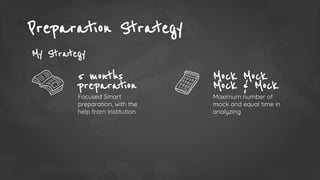 Preparation Strategy
5 months
preparation
Focused Smart
preparation, with the
help from Institution.
Mock Mock
Mock & Mock
Maximum number of
mock and equal time in
analyzing
My Strategy
 