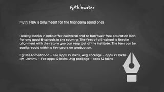 Myth-buster
Myth: MBA is only meant for the financially sound ones
Reality: Banks in India offer collateral and co borrower free education loan
for any good B-schools in the country. The fees of a B-school is fixed in
alignment with the return you can reap out of the institute. The fees can be
easily repaid within a few years on graduation.
Eg: IIM Ahmedabad – Fee appx 25 lakhs, Avg Package – appx 25 lakhs
IIM Jammu – Fee appx 12 lakhs, Avg package – appx 12 lakhs
 