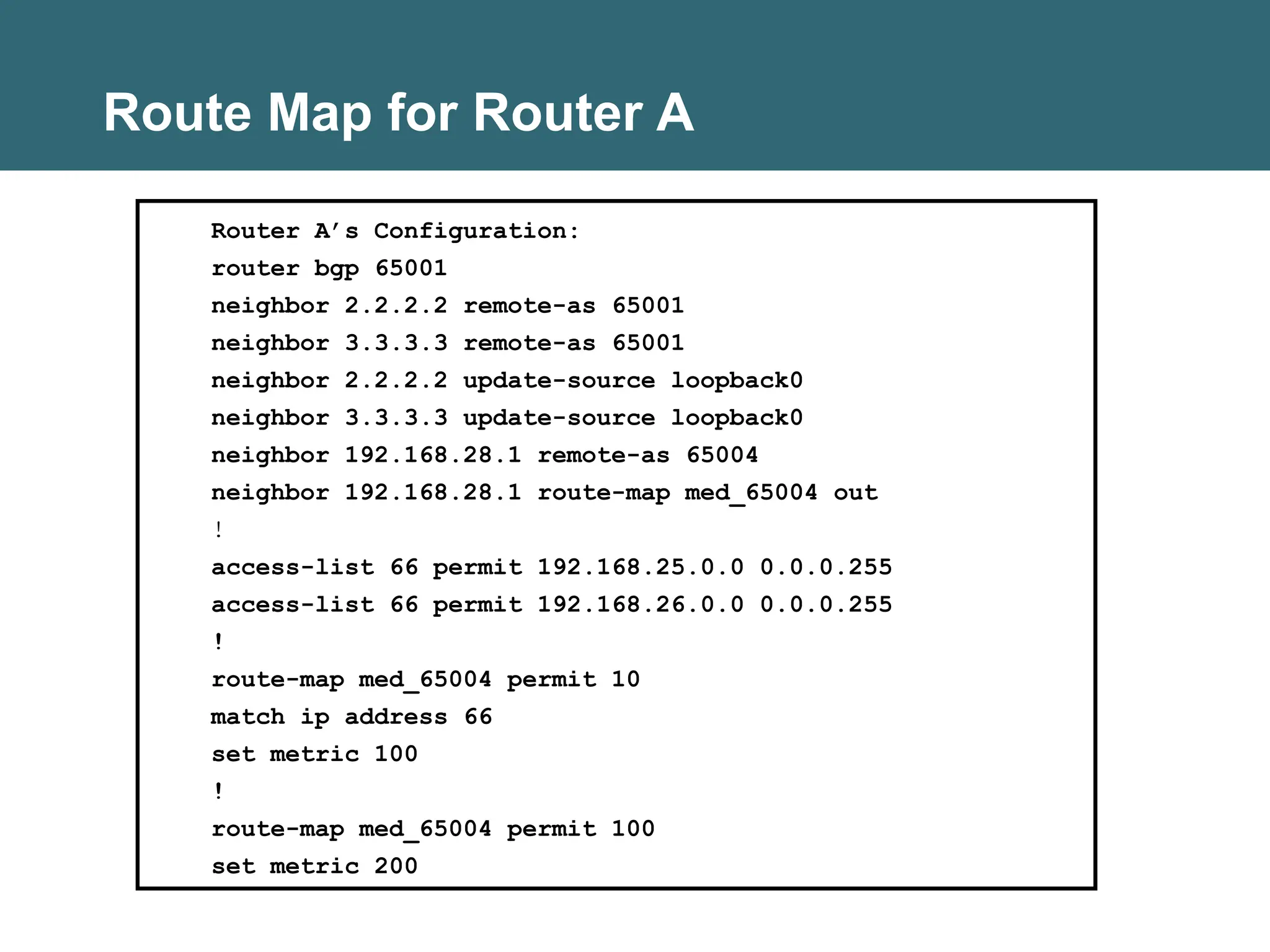 Route Map for Router A
Router A’s Configuration:
router bgp 65001
neighbor 2.2.2.2 remote-as 65001
neighbor 3.3.3.3 remote-as 65001
neighbor 2.2.2.2 update-source loopback0
neighbor 3.3.3.3 update-source loopback0
neighbor 192.168.28.1 remote-as 65004
neighbor 192.168.28.1 route-map med_65004 out
!
access-list 66 permit 192.168.25.0.0 0.0.0.255
access-list 66 permit 192.168.26.0.0 0.0.0.255
!
route-map med_65004 permit 10
match ip address 66
set metric 100
!
route-map med_65004 permit 100
set metric 200
 