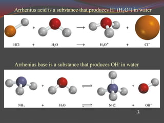 Arrhenius acid is a substance that produces H+ (H3O+) in water
Arrhenius base is a substance that produces OH- in water
3
 