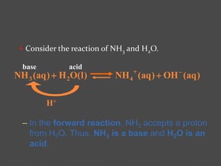  Consider the reaction of NH3 and H2O.
– In the forward reaction, NH3 accepts a proton
from H2O. Thus, NH3 is a base and H2O is an
acid.
)aq(OH)aq(NH)l(OH)aq(NH 423


H+
base acid
 