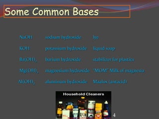 Some Common Bases
NaOH sodium hydroxide lye
KOH potassium hydroxide liquid soap
Ba(OH)2 barium hydroxide stabilizer for plastics
Mg(OH)2 magnesium hydroxide “MOM” Milk of magnesia
Al(OH)3 aluminum hydroxide Maalox (antacid)
4
 