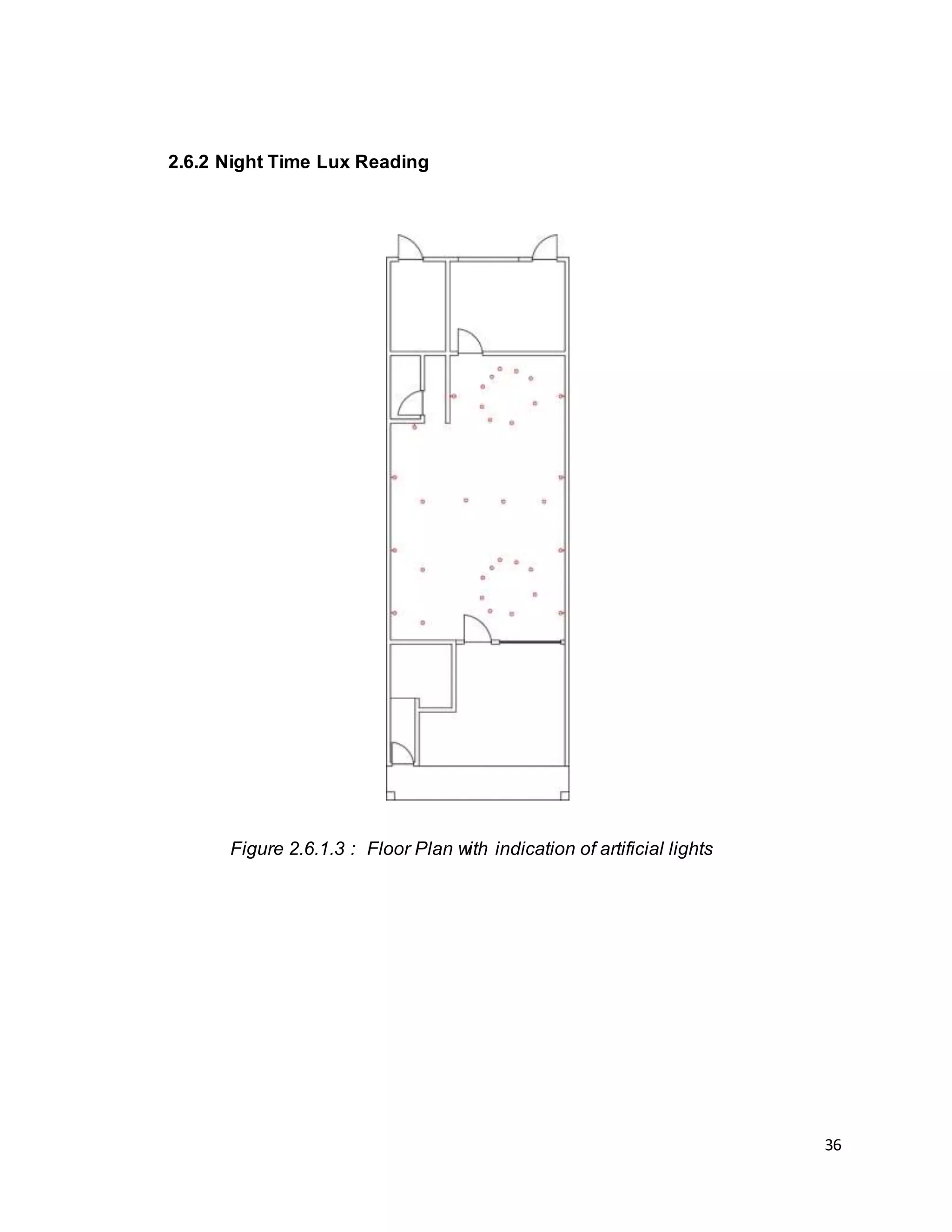 36
2.6.2 Night Time Lux Reading
Figure 2.6.1.3 : Floor Plan with indication of artificial lights
 