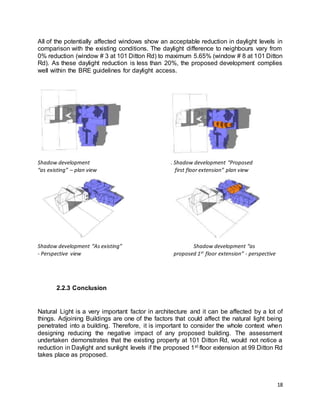 18
All of the potentially affected windows show an acceptable reduction in daylight levels in
comparison with the existing conditions. The daylight difference to neighbours vary from
0% reduction (window # 3 at 101 Ditton Rd) to maximum 5.65% (window # 8 at 101 Ditton
Rd). As these daylight reduction is less than 20%, the proposed development complies
well within the BRE guidelines for daylight access.
Shadow development . Shadow development “Proposed
“as existing” – plan view first floor extension” plan view
Shadow development “As existing” Shadow development “as
- Perspective view proposed 1st
floor extension” - perspective
2.2.3 Conclusion
Natural Light is a very important factor in architecture and it can be affected by a lot of
things. Adjoining Buildings are one of the factors that could affect the natural light being
penetrated into a building. Therefore, it is important to consider the whole context when
designing reducing the negative impact of any proposed building. The assessment
undertaken demonstrates that the existing property at 101 Ditton Rd, would not notice a
reduction in Daylight and sunlight levels if the proposed 1st floor extension at 99 Ditton Rd
takes place as proposed.
 
