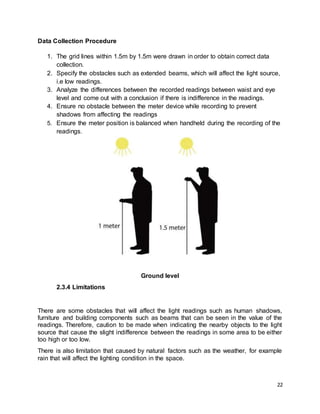 22
Data Collection Procedure
1. The grid lines within 1.5m by 1.5m were drawn in order to obtain correct data
collection.
2. Specify the obstacles such as extended beams, which will affect the light source,
i.e low readings.
3. Analyze the differences between the recorded readings between waist and eye
level and come out with a conclusion if there is indifference in the readings.
4. Ensure no obstacle between the meter device while recording to prevent
shadows from affecting the readings
5. Ensure the meter position is balanced when handheld during the recording of the
readings.
Ground level
2.3.4 Limitations
There are some obstacles that will affect the light readings such as human shadows,
furniture and building components such as beams that can be seen in the value of the
readings. Therefore, caution to be made when indicating the nearby objects to the light
source that cause the slight indifference between the readings in some area to be either
too high or too low.
There is also limitation that caused by natural factors such as the weather, for example
rain that will affect the lighting condition in the space.
 