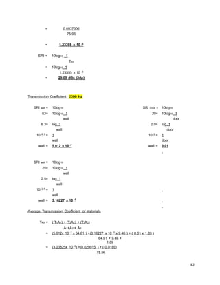 82
= 0.0937006
75.96
= 1.23355 x 10 -3
SRI = 10log10 1
TAV
= 10log10 1
1.23355 x 10 -3
= 29.09 dBs (2dp)
Transmission Coefficient 2000 Hz
SRI wall = 10log10 SRI Door = 10log10
63= 10log10 1 20= 10log10 1
wall door
6.3= log 1 2.0= log 1
wall door
10 6.3 = 1 10 2 = 1
wall door
wall = 5.012 x 10 -7 wall = 0.01
SRI wall = 10log10
25= 10log10 1
wall
2.5= log 1
wall
10 2.5 = 1
wall
wall = 3.16227 x 10 -3
Average Transmission Coefficient of Materials
TAV = ( T1A1) + (T2A2) + (T3A3)
A1+A2 + A3
= (5.012x 10 -7 x 64.61 ) +(3.16227 x 10 -3 x 9.46 ) + ( 0.01 x 1.89 )
64.61 + 9.46 +
1.89
= (3.23825x 10 -5) +(0.029915 ) + ( 0.0189)
75.96
 