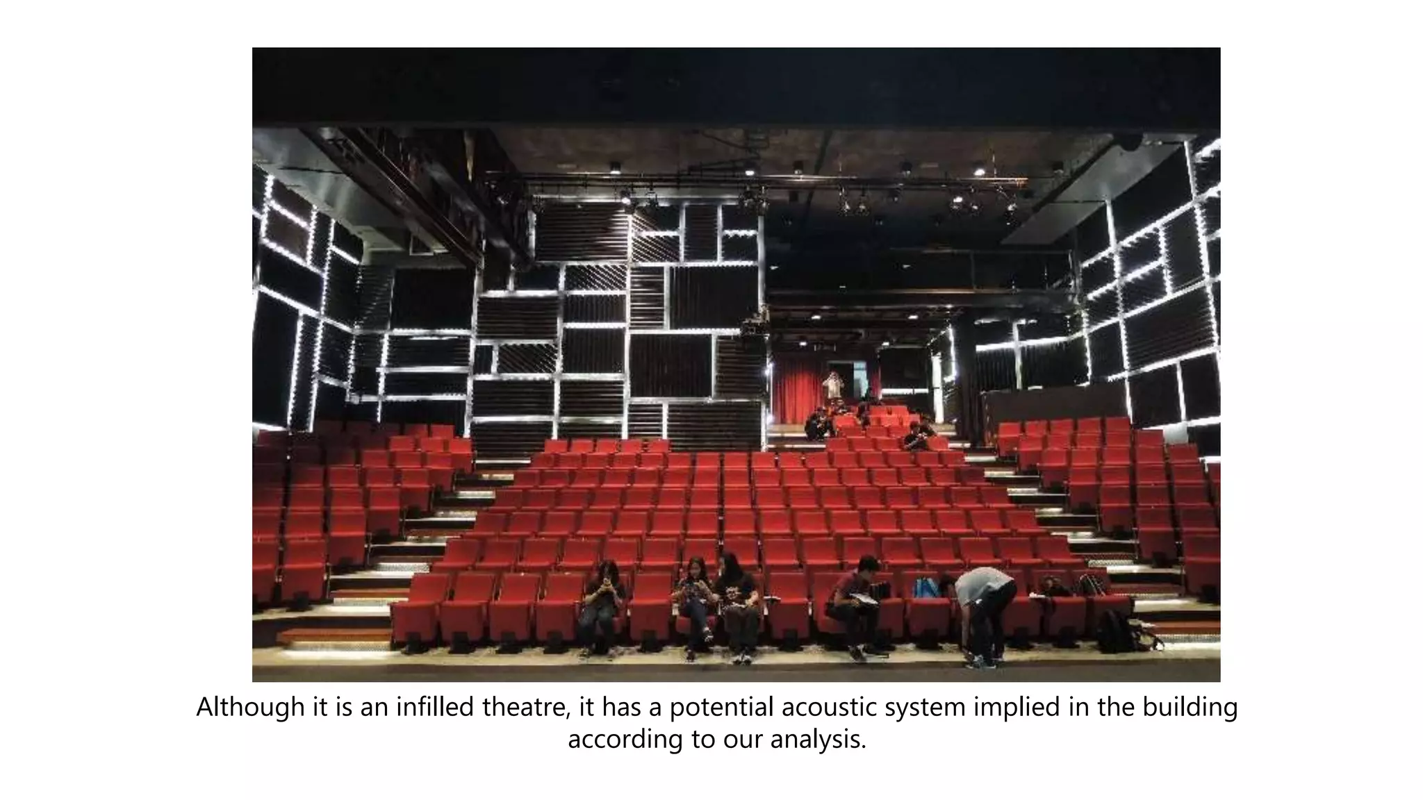 Although it is an infilled theatre, it has a potential acoustic system implied in the building
according to our analysis.
 