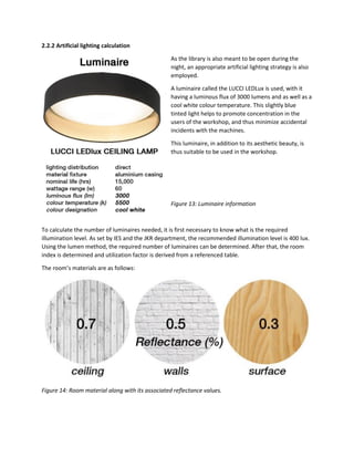 2.2.2 Artificial lighting calculation
As the library is also meant to be open during the
night, an appropriate artificial lighting strategy is also
employed.
A luminaire called the LUCCI LEDLux is used, with it
having a luminous flux of 3000 lumens and as well as a
cool white colour temperature. This slightly blue
tinted light helps to promote concentration in the
users of the workshop, and thus minimize accidental
incidents with the machines.
This luminaire, in addition to its aesthetic beauty, is
thus suitable to be used in the workshop.
Figure 13: Luminaire information
To calculate the number of luminaires needed, it is first necessary to know what is the required
illumination level. As set by IES and the JKR department, the recommended illumination level is 400 lux.
Using the lumen method, the required number of luminaires can be determined. After that, the room
index is determined and utilization factor is derived from a referenced table.
The room’s materials are as follows:
Figure 14: Room material along with its associated reflectance values.
 