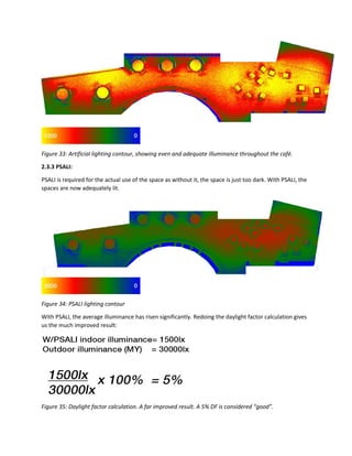 Figure 33: Artificial lighting contour, showing even and adequate illuminance throughout the café.
2.3.3 PSALI:
PSALI is required for the actual use of the space as without it, the space is just too dark. With PSALI, the
spaces are now adequately lit.
Figure 34: PSALI lighting contour
With PSALI, the average illuminance has risen significantly. Redoing the daylight factor calculation gives
us the much improved result:
Figure 35: Daylight factor calculation. A far improved result. A 5% DF is considered “good”.
 