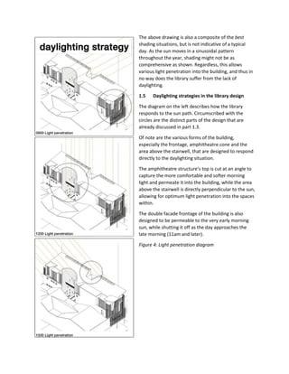The above drawing is also a composite of the best
shading situations, but is not indicative of a typical
day. As the sun moves in a sinusoidal pattern
throughout the year, shading might not be as
comprehensive as shown. Regardless, this allows
various light penetration into the building, and thus in
no way does the library suffer from the lack of
daylighting.
1.5 Daylighting strategies in the library design
The diagram on the left describes how the library
responds to the sun path. Circumscribed with the
circles are the distinct parts of the design that are
already discussed in part 1.3.
Of note are the various forms of the building,
especially the frontage, amphitheatre cone and the
area above the stairwell, that are designed to respond
directly to the daylighting situation.
The amphitheatre structure’s top is cut at an angle to
capture the more comfortable and softer morning
light and permeate it into the building, while the area
above the stairwell is directly perpendicular to the sun,
allowing for optimum light penetration into the spaces
within.
The double facade frontage of the building is also
designed to be permeable to the very early morning
sun, while shutting it off as the day approaches the
late morning (11am and later).
Figure 4: Light penetration diagram
 