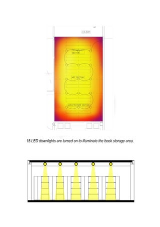15 LED downlights are turned on to illuminate the book storage area.
 