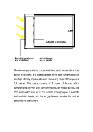 The chosen space A is the cultural workshop, which located at the front
part of the building. It is strategic placed for its east sunlight reception
and high intensity of public attention. The ceiling height of this space is
3.4 metres. This space consists of 2 layers of facade, which
compromising an inner layer polycarbonate louver window panels, and
PVC fabric as the outer layer. The purpose of designing so, is to create
well ventilated interior, and the air gap between to allow the heat air
escape to the atmosphere.
 